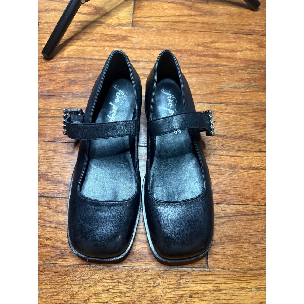 Free People Black Leather Square Toe Rhinestone Buckle Mary Jane Flats Womens 6
